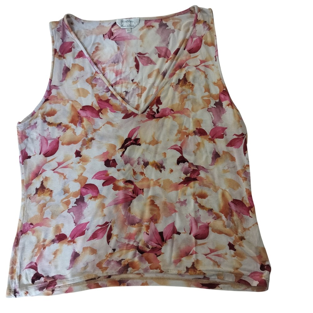 Max Mara Floral V-Neck Tank Top Sleeveless Shirt Pink Orange Italy Size XL